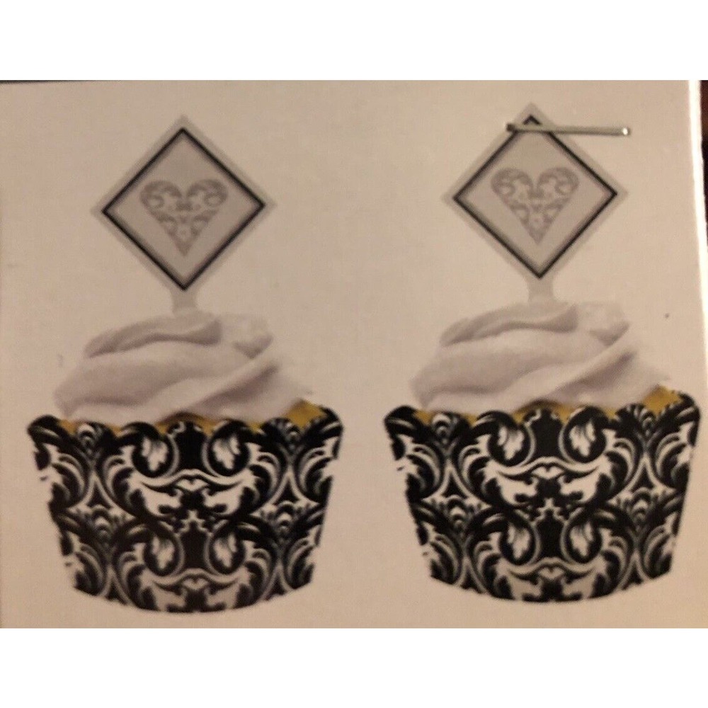 24 Creative Converting Damask Black &‎ White Cupcake Wrappers + Toppers (2 x 24)